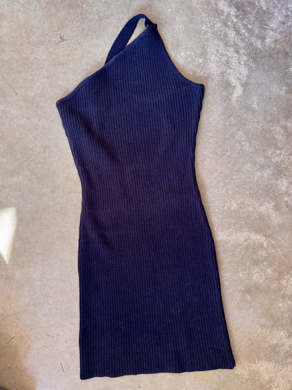 One-Shoulder Black Ribbed Knit Dress - Small